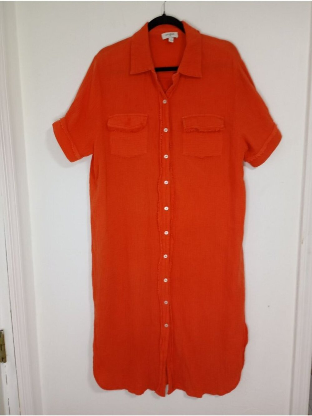 Umgee USA Gauze Maxi Dress Orange Button-Down Collared Chest Pockets Size M